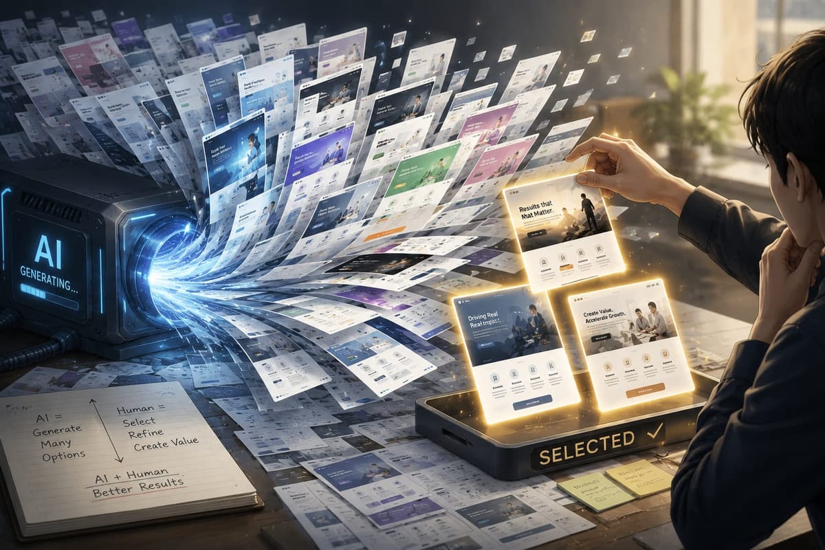 「AI GENERATING」の機械から大量のLP案が吹き出し、人が3枚を選んで「SELECTED」の台に置いている。ノートには「AI＝Generate Many Options」「Human＝Select」とある